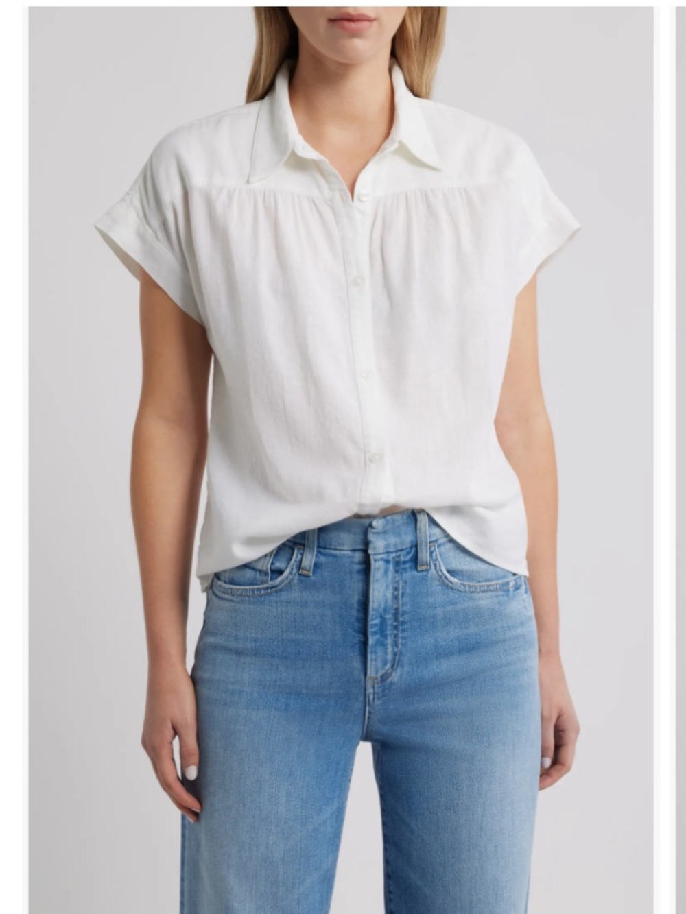 Caslon Classic White Short-Sleeve Button-Front Women's Top Linen Blend M